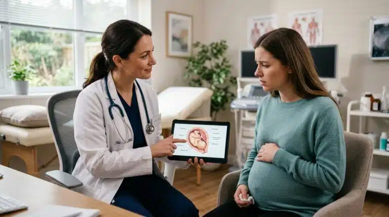 Doktor ile gebelik durumunu değerlendiren anne adayı