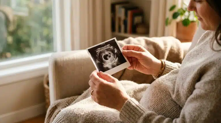 Gebelikte ultrason görüntüsünü inceleyen anne adayı