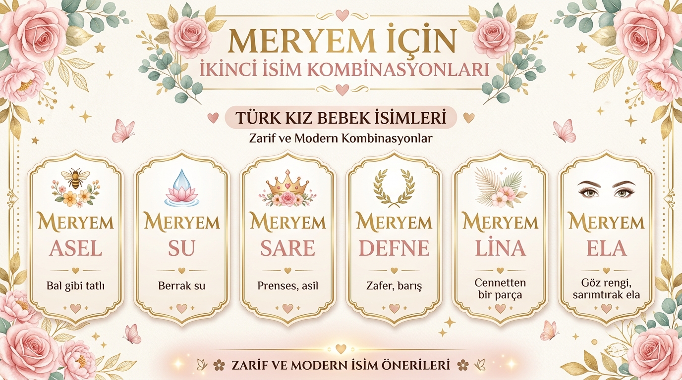 Meryem isminin yanına yakışan Türkçe ikinci isim önerileri infografik rehberi